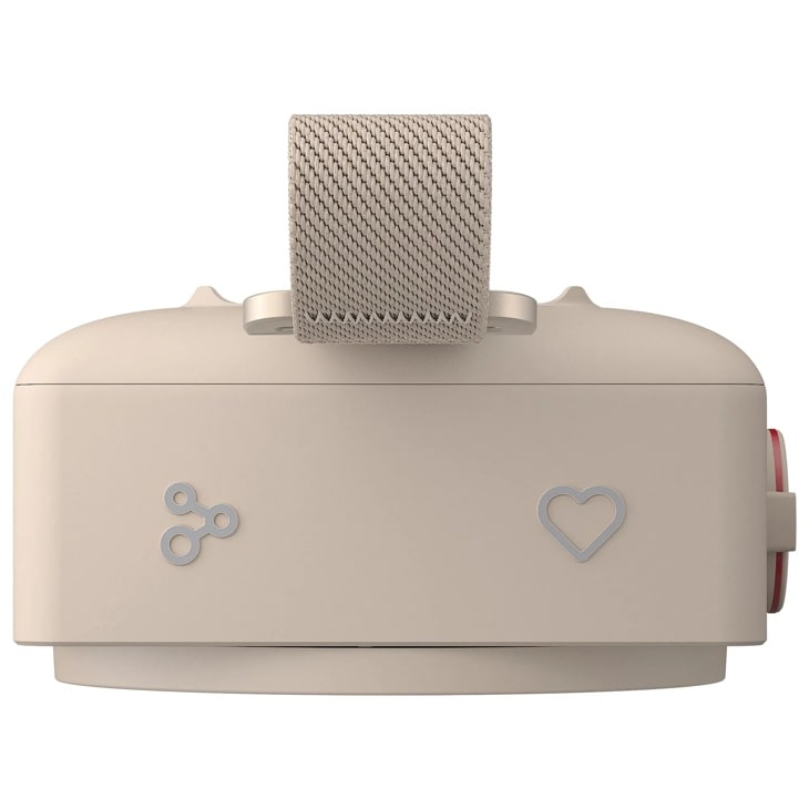MINI_ANOALWG portable speaker in cream color with textured fabric handle and decorative heart and connectivity icons