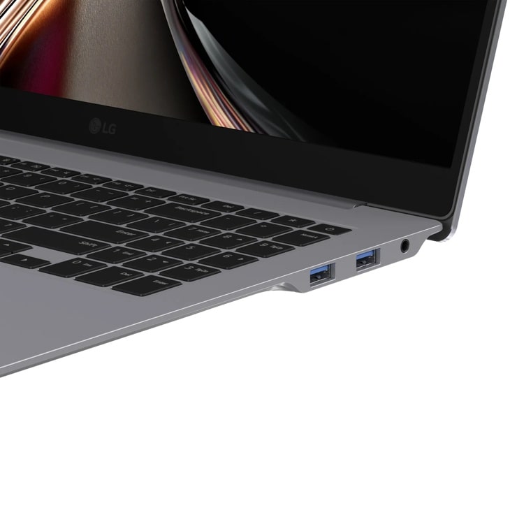 LG Gram 16Z95U-G.AU76U1 laptop side view showing USB ports, headphone jack and partial keyboard with colorful display screen