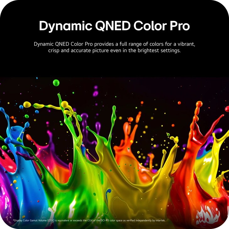 75QNED84BAA LG QNED TV Dynamic QNED Color Pro infographic showing vibrant paint splashes with text explaining full color range in bright settings