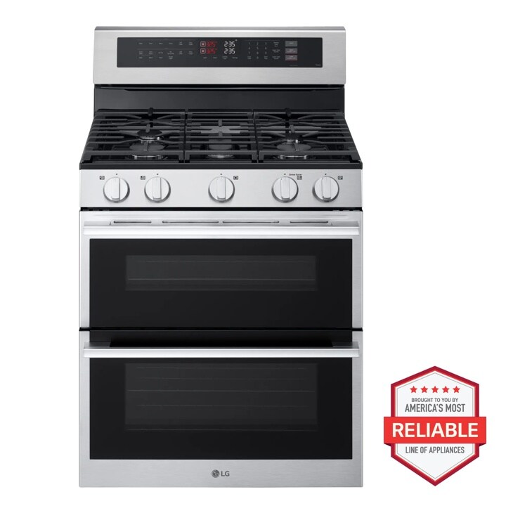 LG LDGL6924Y Gas Range with Double Oven featuring five burners and digital control panel in stainless steel finish - Front View