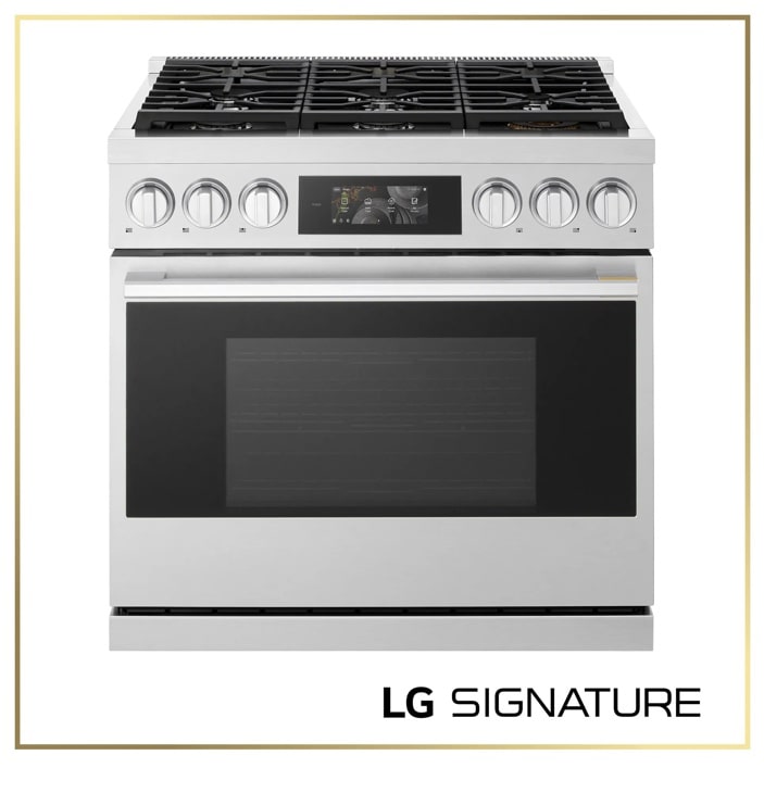 LG LPGU6319Y Gas Range with six burners, digital display screen, and stainless steel finish - Front View