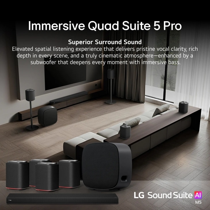 M5-P4_H7_W7 Immersive Quad Suite 5 Pro Soundbar system with subwoofer and multiple speakers creating superior surround sound in modern living room