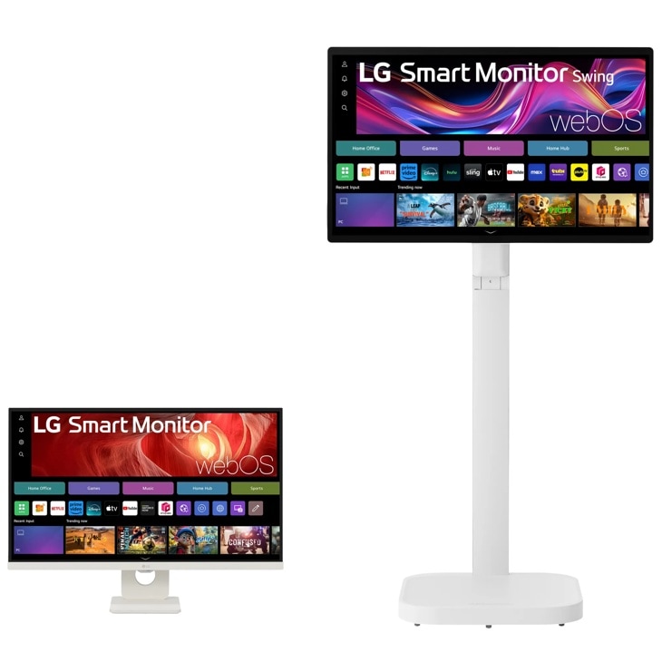 27U731SA-W and 32U889SA-W LG Smart Monitor Swing with webOS interface showing streaming apps and content categories