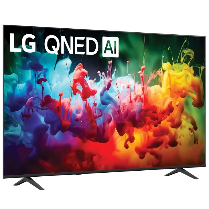 75-Inch LG QNED AI 4K TV 75QNED75BAA displaying vibrant colorful ink swirls in blue, red, yellow and green - Front Angle View