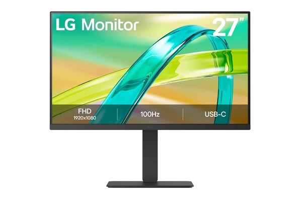 Front view of a monitor displaying a colorful abstract image on a sleek black stand.