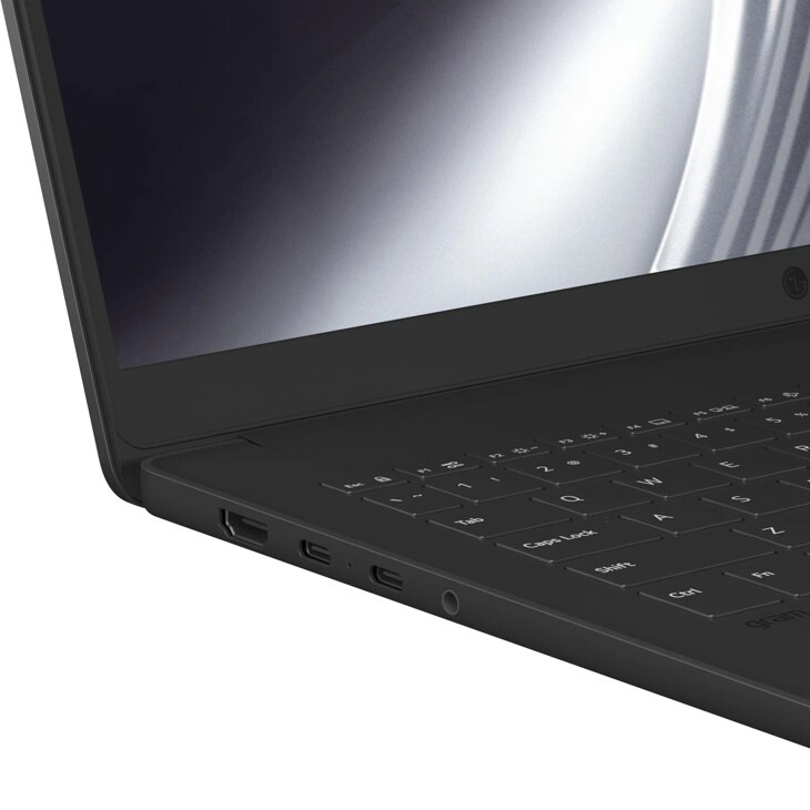LG Gram 16-Inch 16U55U-H.AU87U1 Laptop showing side ports and partial keyboard in black finish - Side Angle