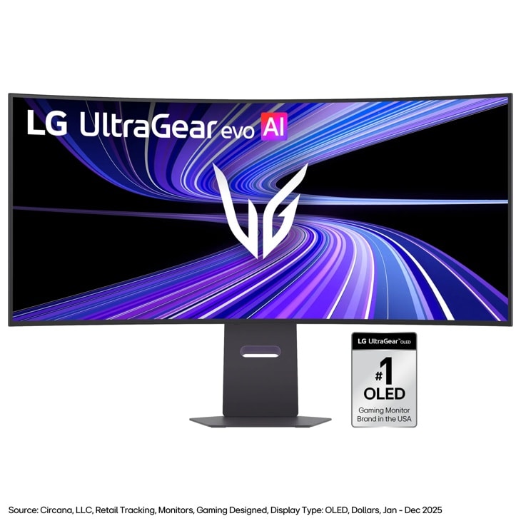 LG 45GX950B-B UltraGear evo AI curved gaming monitor with number 1 OLED gaming monitor brand in the USA badge - Front View