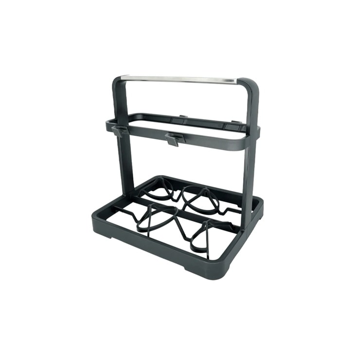 AGM30091511 kitchen accessory rack with dark gray frame, metal handle, and built-in pot lid organizer slots