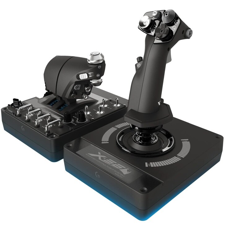 Logitech X56 945000058 Flight Simulator Controller with HOTAS joystick and throttle control panel featuring multiple buttons and blue LED accent lighting