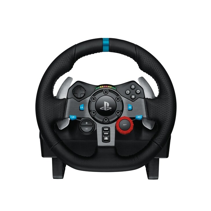 Gaming racing wheel 941000110 with black leather grip, PlayStation logo, blue buttons, and red control knob - Front View