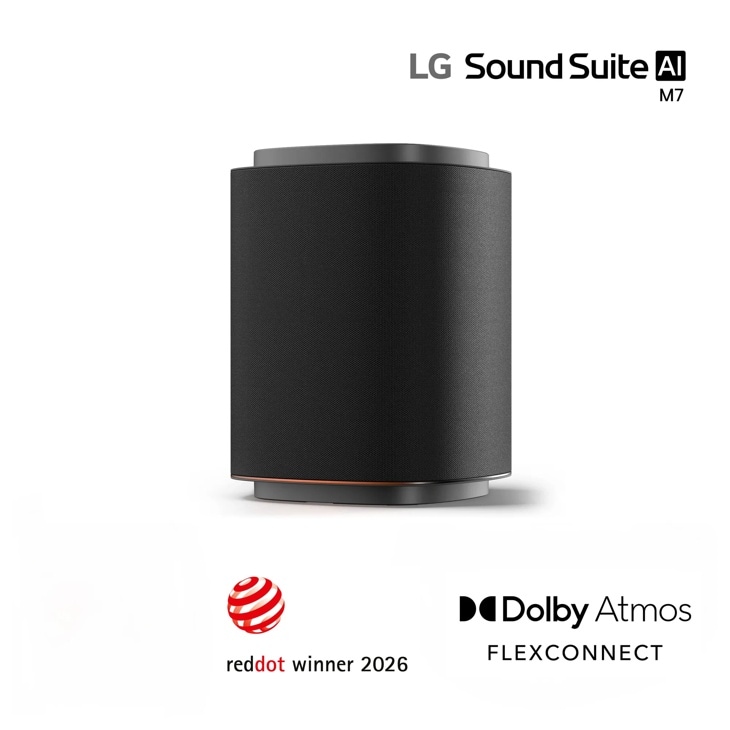 LG Sound Suite AI M7 Speaker with fabric finish featuring red dot winner 2026 and Dolby Atmos FLEXCONNECT badges