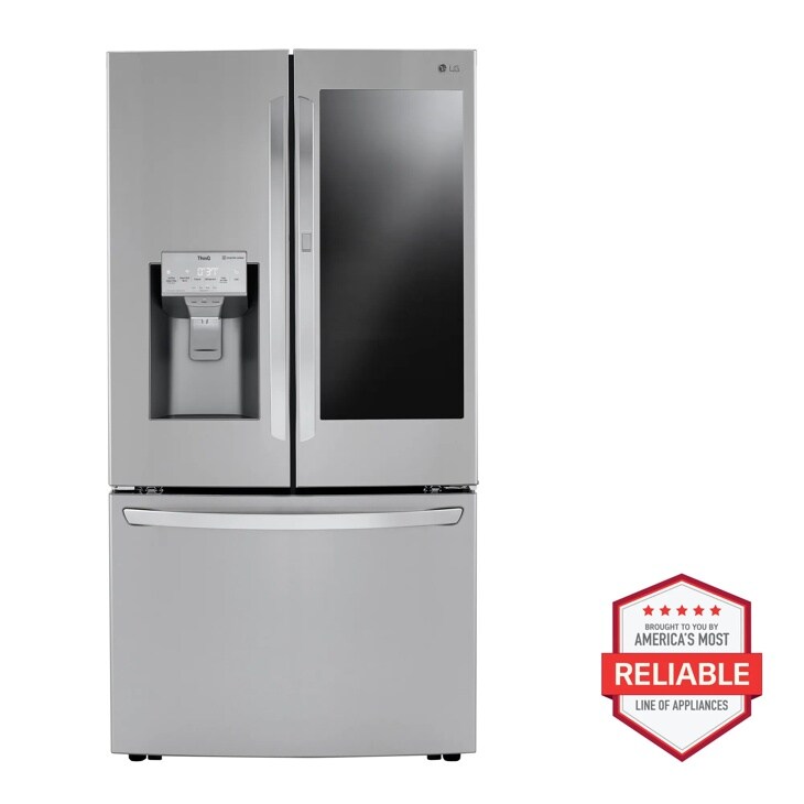 Front view of the 24 cu. ft. Smart InstaView® Door-in-Door® Counter-Depth Refrigerator with Craft Ice™ - LRFVC2406S. Includes a graphic logo that says, Brought to you by America’s Most Reliable Line of Appliances.