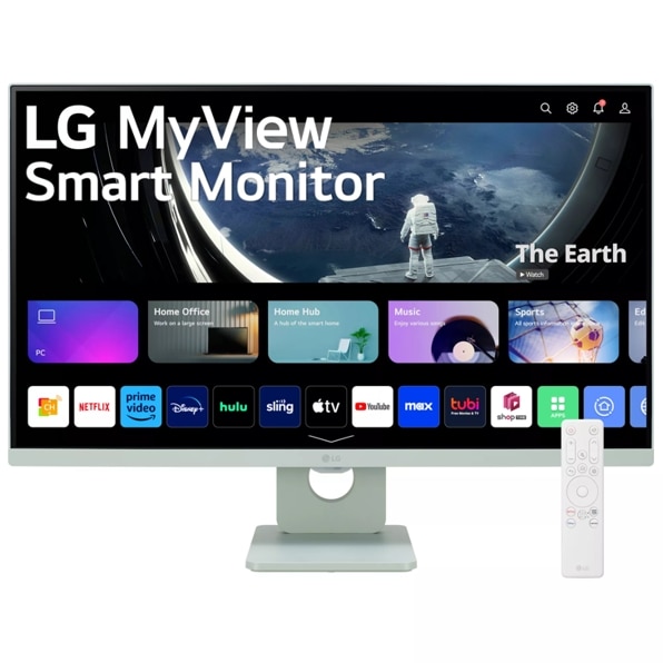 Front view of the 27 Inch LG MyView (27SR50F-G) Green Smart Monitor with 4K UHD resolution and webOS