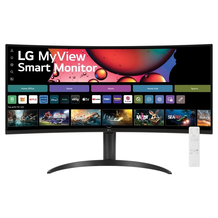 Front view of the 34 Inch LG MyView (34SR65QC-B) black curved smart monitor with WQHD resolution, webOS and a remote control