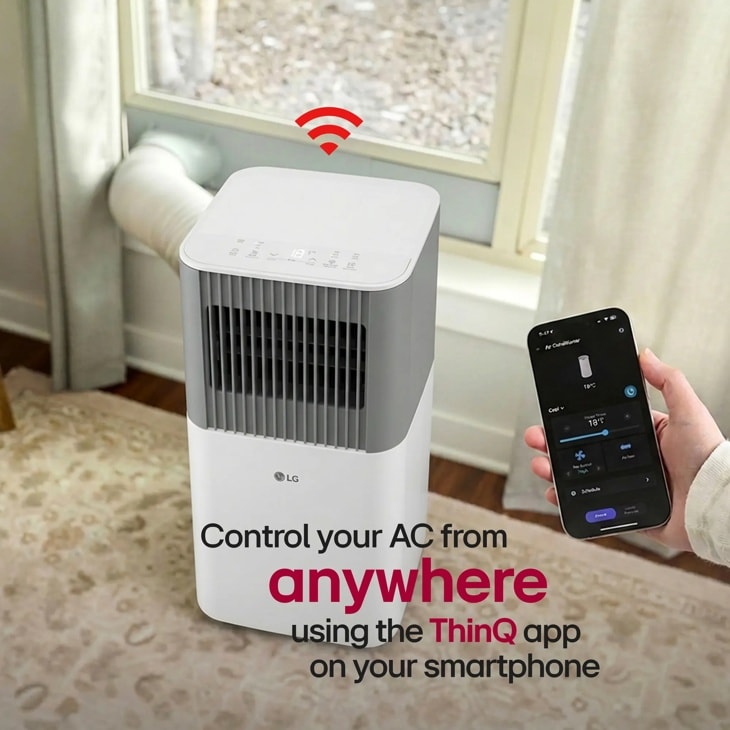 LG LP0626PGSF Portable Air Conditioner with smartphone displaying ThinQ app for remote control - Control your AC from anywhere using the ThinQ app