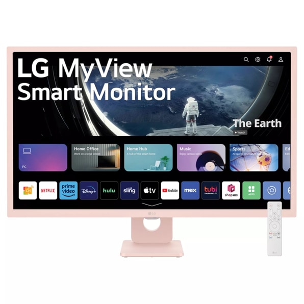 Front view of the 32 Inch LG MyView (32SR50F-P) Pink Smart Monitor with FHD resolution and webOS