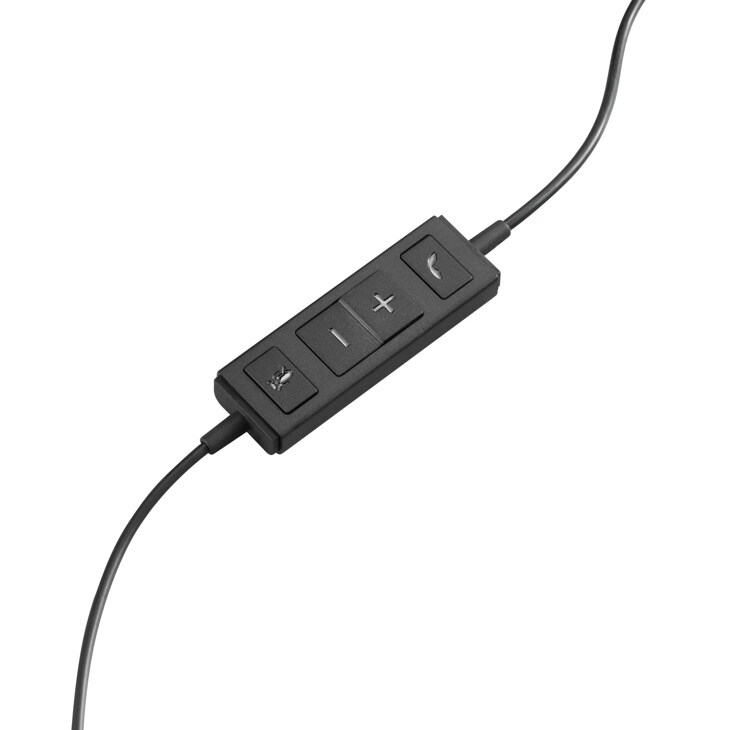 Logitech 981000570 headset inline control module with volume buttons and mute function connected to black cable