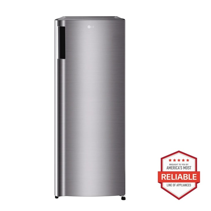 Front view of the 5.8 cu. ft. Single Door Freezer - LROFC0605V. Includes a graphic logo that says, Brought to you by America’s Most Reliable Line of Appliances.
