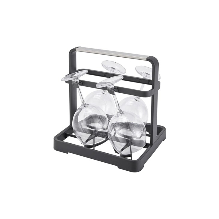 AGM30091511 wine glass holder rack with black metal frame and silver handle holding two stemmed wine glasses upside down
