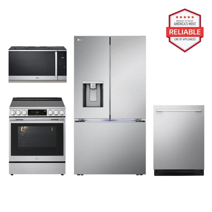 26 cu. ft. Smart Counter-Depth MAX™ Four Types of Ice French Door Refrigerator with Slide-in Electric Range, Top Control Dishwasher and Microwave Kitchen Package in Stainless Steel LRYXC2606S_LSEL6337XE_MVEL2125X_LDNTH753S