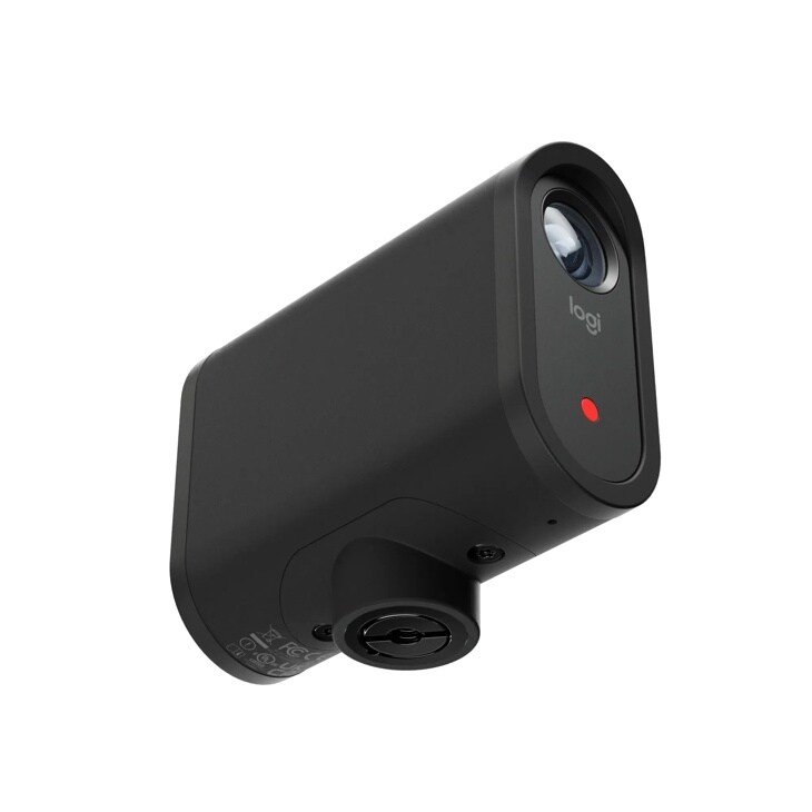 Logitech 961000498 webcam with camera lens, red indicator light, and mounting mechanism - Side Angle