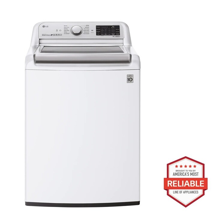Front view of the 5.5 cu.ft. Smart wi-fi Enabled Top Load Washer with Impeller & TurboWash3D™ Technology - WT7800CW. Includes a graphic logo that says, Brought to you by America’s Most Reliable Line of Appliances.
