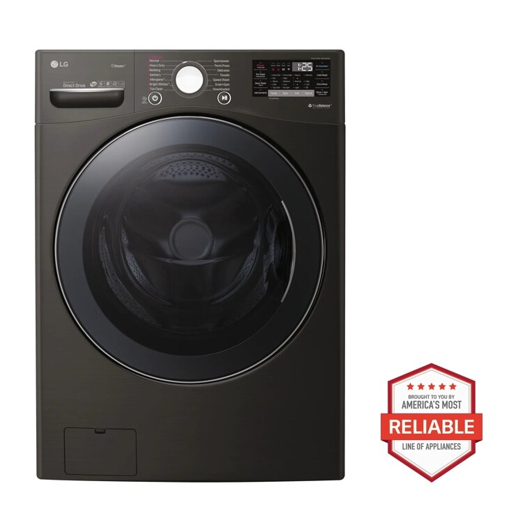 Front view of the 4.5 cu.ft. Smart wi-fi Enabled Front Load Washer with TurboWash™ 360 Technology - WM3900HBA. Includes a graphic logo that says, Brought to you by America’s Most Reliable Line of Appliances.
