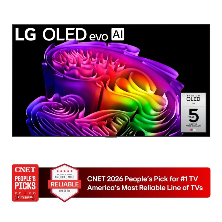65-Inch LG OLED evo AI G6 4K OLED TV OLED65G6WUA with CNET 2026 People's Pick for #1 TV America's Most Reliable Line of TVs badge - Front View