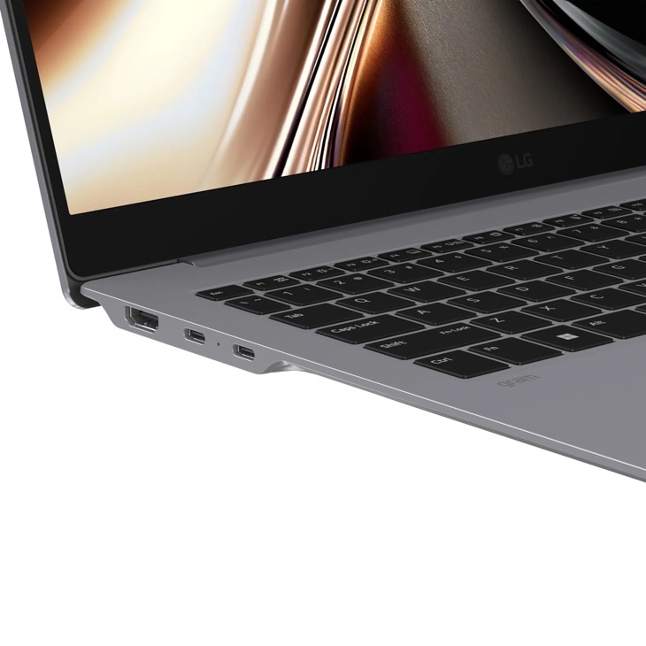 LG Gram 16Z90U-K.AUB6U1 Laptop side view showing multiple USB ports and connection options with partial keyboard visible