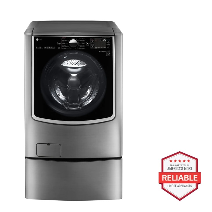 Front view of the 5.2 cu. ft. Large Smart wi-fi Enabled Front Load Washer TurboWash® - WM9000HVA. Includes a graphic logo that says, Brought to you by America’s Most Reliable Line of Appliances.
