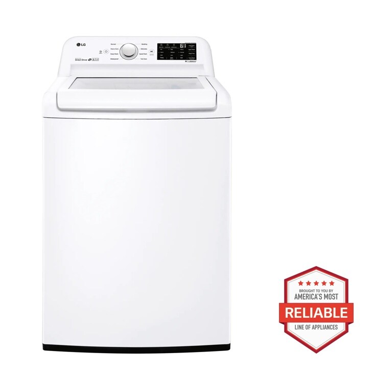 Front view of the 4.5 cu. ft. Top Load Washer with Impeller - WT7100CW. Includes a graphic logo that says, Brought to you by America’s Most Reliable Line of Appliances.
