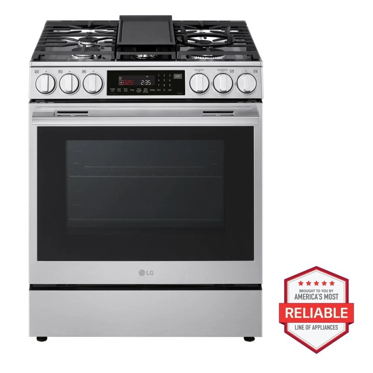 LG LSGL6337X print proof stainless steel gas range with digital display and America's Most Reliable badge Front View