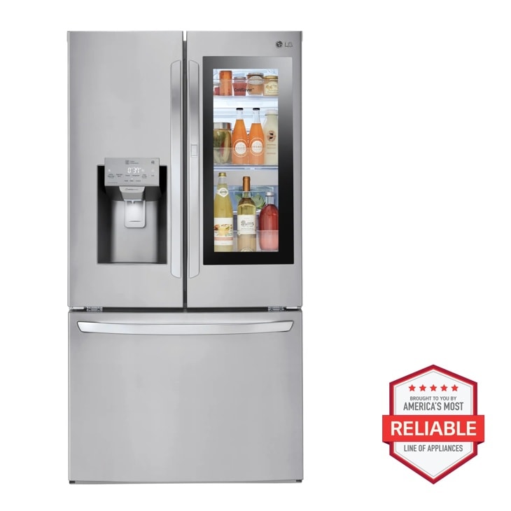 Front view of the 28 cu. ft. Smart wi-fi Enabled InstaView™ Door-in-Door® Refrigerator - LFXS28596S. Includes a graphic logo that says, Brought to you by America’s Most Reliable Line of Appliances.