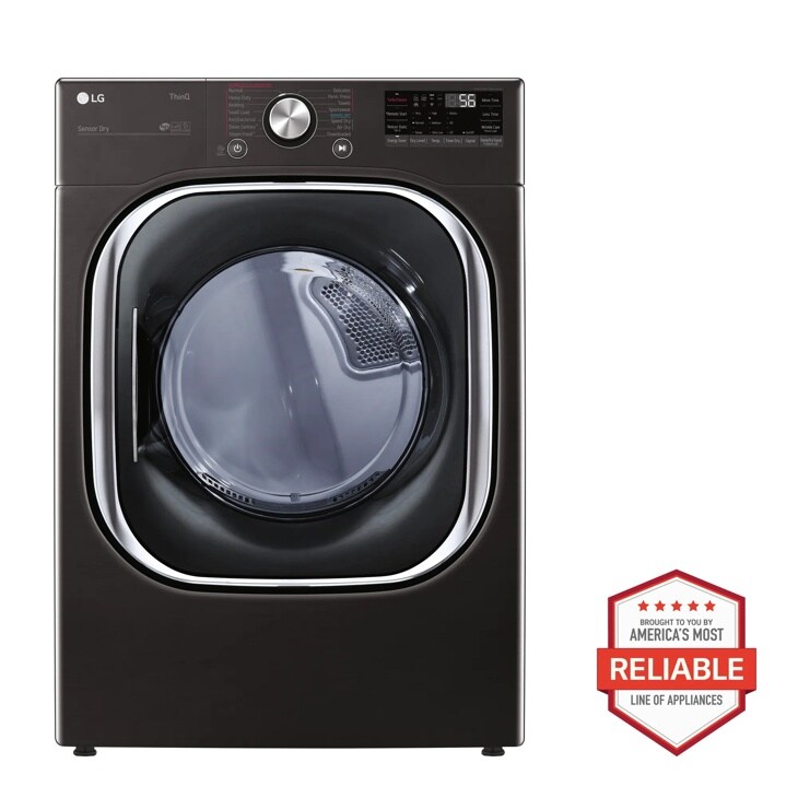 Front view of the 7.4 cu. ft. Ultra Large Capacity Smart wi-fi Enabled Front Load Electric Dryer with TurboSteam™ and Built-In Intelligence - DLEX4500B. Includes a graphic logo that says, Brought to you by America’s Most Reliable Line of Appliances.
