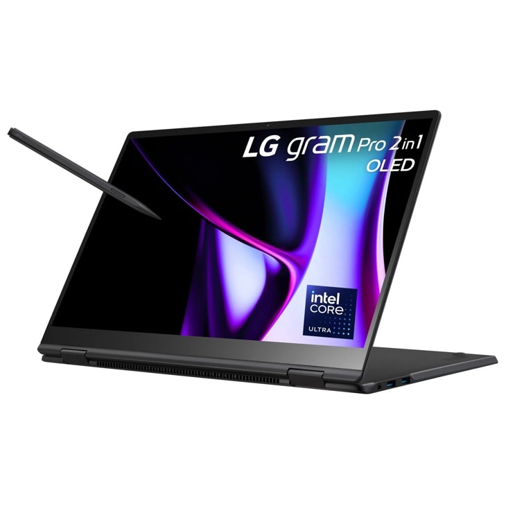 LG Gram 16T90SP-K-ADB9U1 2-in-1 Laptop with OLED display and stylus pen in tent mode showing Intel Core Ultra processor badge