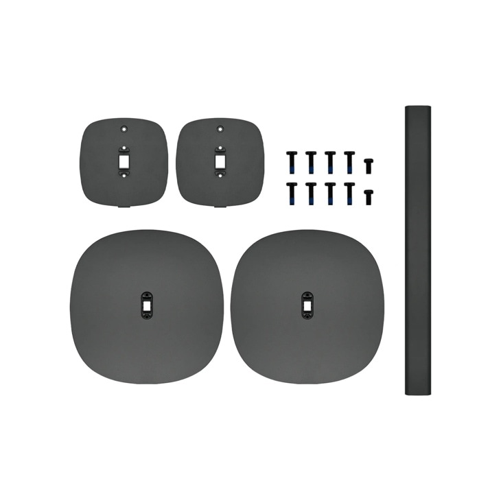 FS-M72 audio accessory mounting kit with four black mounting plates, mounting screws, and vertical pole component for installation