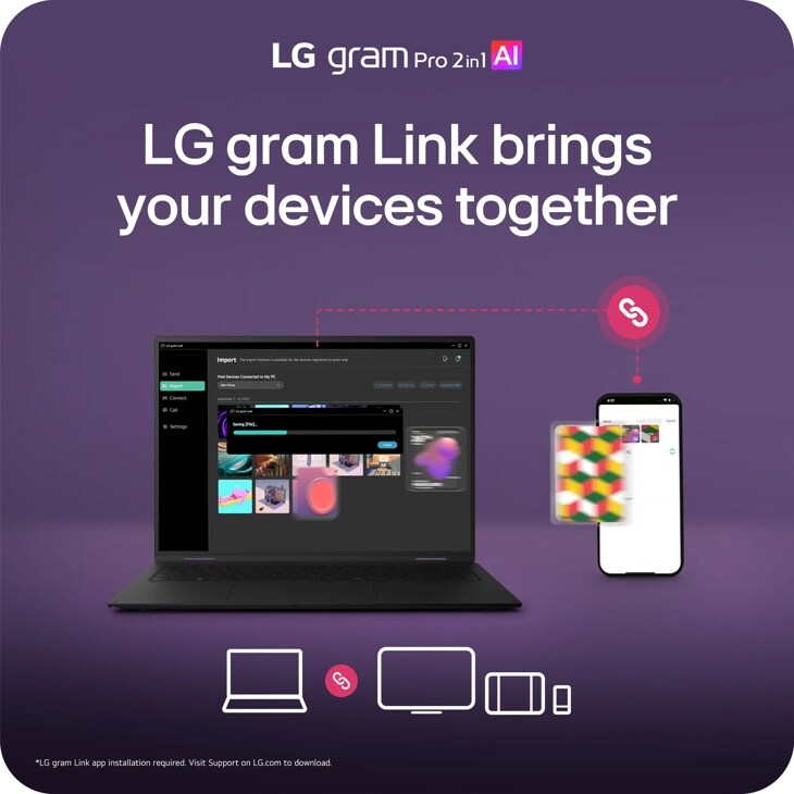 LG Gram 16T95TP-K Pro 2in1 AI infographic showing LG gram Link feature connecting laptop and smartphone with file sharing capability. *LG gram Link app installation required. Visit Support on LG.com to download.