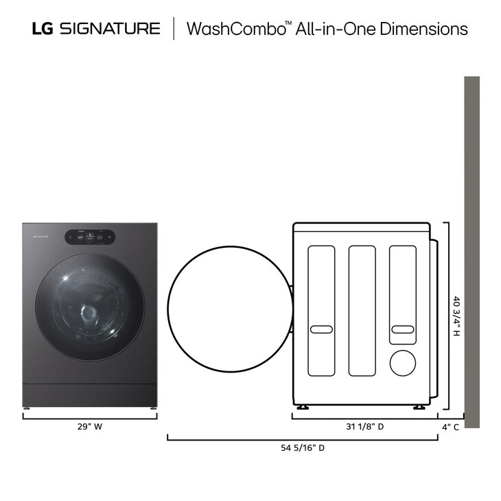 LG SIGNATURE WM9998HBA WashCombo All-in-One Dimensions 29 Inch W x 31 1/8 Inch D x 40 3/4 Inch H - Front and Top Views