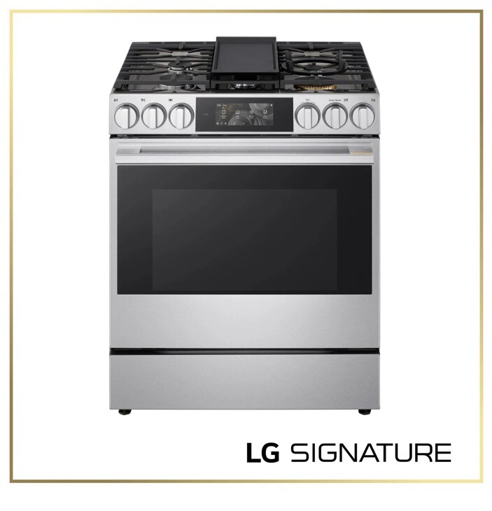 LG LSGU6339X Gas Range with stainless steel finish featuring digital control panel and five-burner cooktop with griddle - Front View
