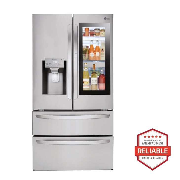 Front view of the 28 cu. ft. Smart wi-fi Enabled InstaView® Door-in-Door® Refrigerator - LMXS28596S. Includes a graphic logo that says, Brought to you by America’s Most Reliable Line of Appliances.