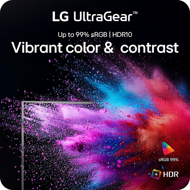 LG 27GS60QN-B UltraGear Monitor infographic highlighting up to 99% sRGB HDR10 vibrant color and contrast with colorful particle burst display