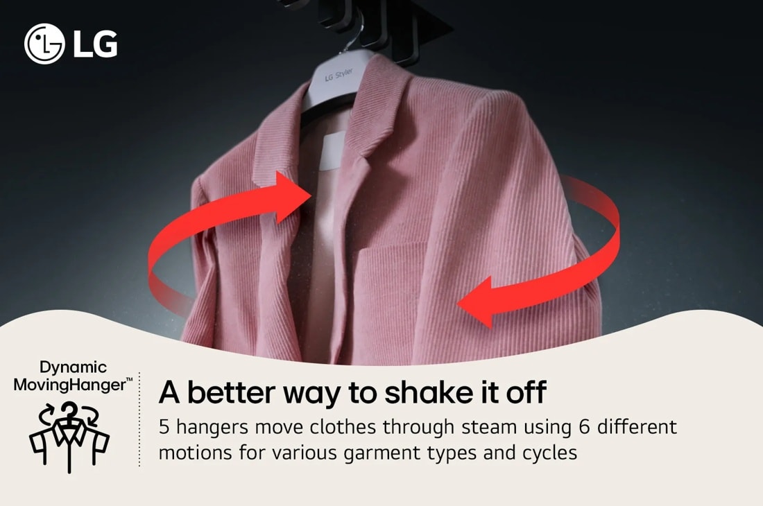 A better way to shake it off
5 hangers move clothes through steam using 6 different motions for various garment types and cycles