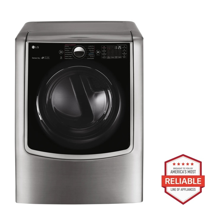 Front view of the 9.0 cu. ft. Large Smart wi-fi Enabled Gas Dryer w/ TurboSteam™ - DLGX9001V. Includes a graphic logo that says, Brought to you by America’s Most Reliable Line of Appliances.

