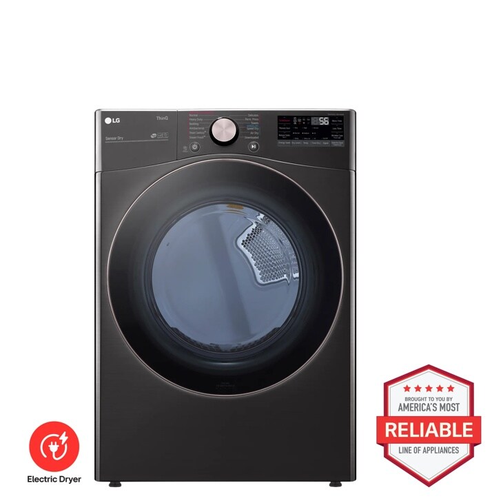 LG electric dryer in black steel, model DLEX4000B, front view with white background and “Brought to you by America’s Most Reliable Line of Appliances” badge is part of the LG reliable home appliances collection.