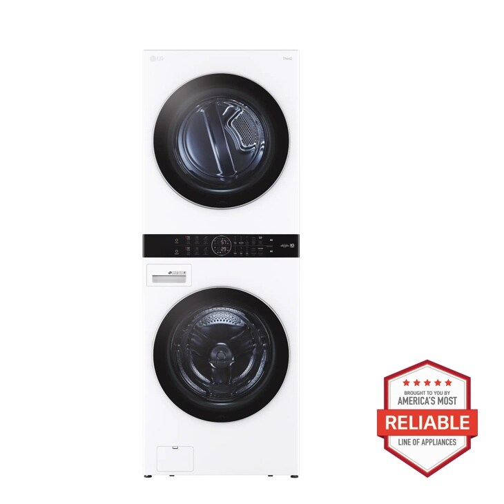 Front view of the Single Unit Front Load LG WashTower™ with Center Control™ 4.5 cu. ft. Washer and 7.4 cu. ft. Electric Dryer - WKEX200HWA. Includes a graphic logo that says, Brought to you by America’s Most Reliable Line of Appliances.
