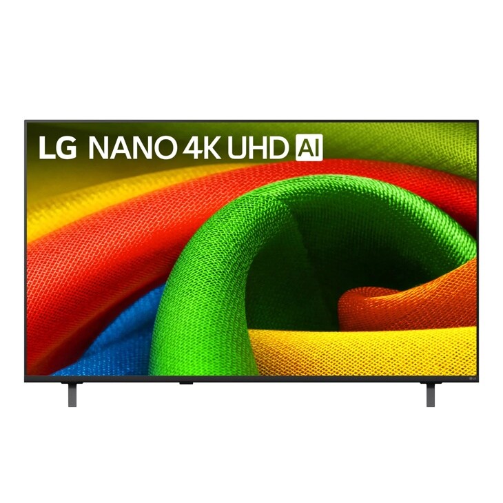 55-Inch LG NANO 4K UHD AI TV 55NU700BPUA displaying vibrant colorful fabric texture with green, red, yellow and blue tones - Front View