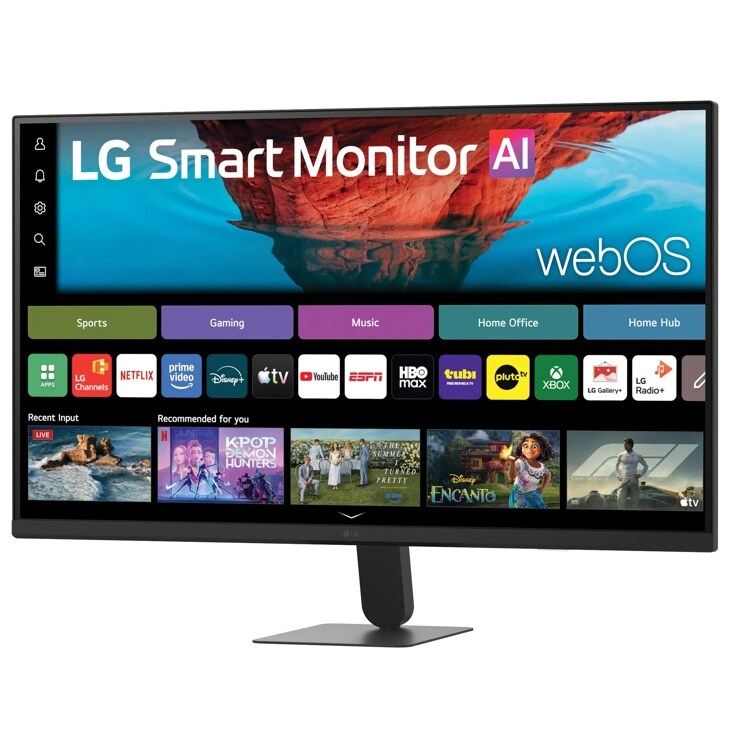 32U701SB-B LG Smart Monitor AI with webOS interface displaying streaming apps and content recommendations