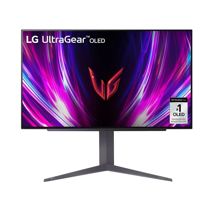 LG 27GS93QE-B 27-Inch UltraGear OLED Gaming Monitor displaying vibrant purple light streaks with red gaming logo and #1 OLED Gaming Monitor badge - Front View