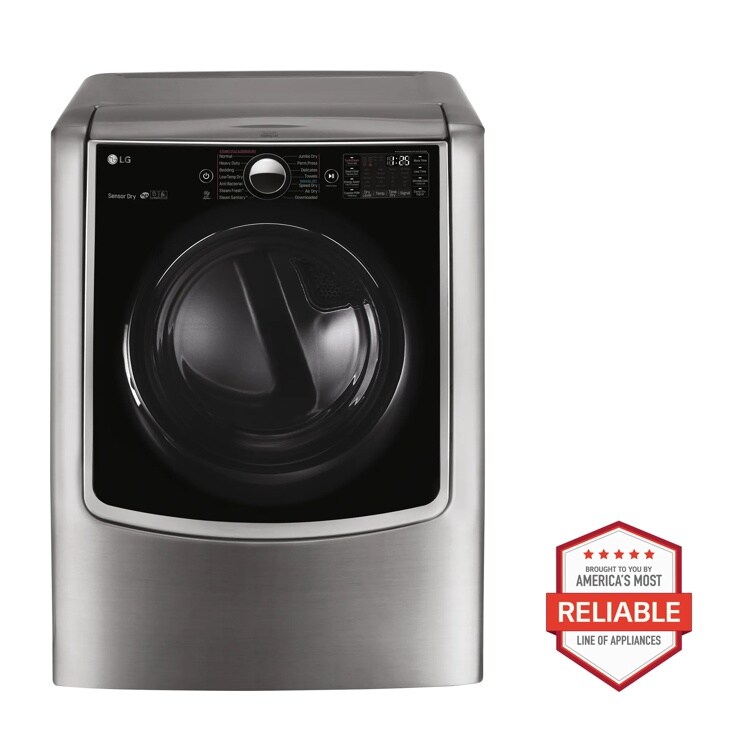 Front view of the 9.0 cu. ft. Large Smart wi-fi Enabled Electric Dryer w/ TurboSteam™ - DLEX9000V. Includes a graphic logo that says, Brought to you by America’s Most Reliable Line of Appliances.
