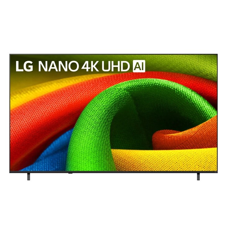 85-Inch LG NANO 4K UHD AI TV 85NU700BPUA with vibrant colorful fabric display showing red, green, yellow and blue textures - Front View